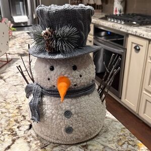 Cozy Snowman Holiday Decor with Gray Hat and Scarf Tree topper.